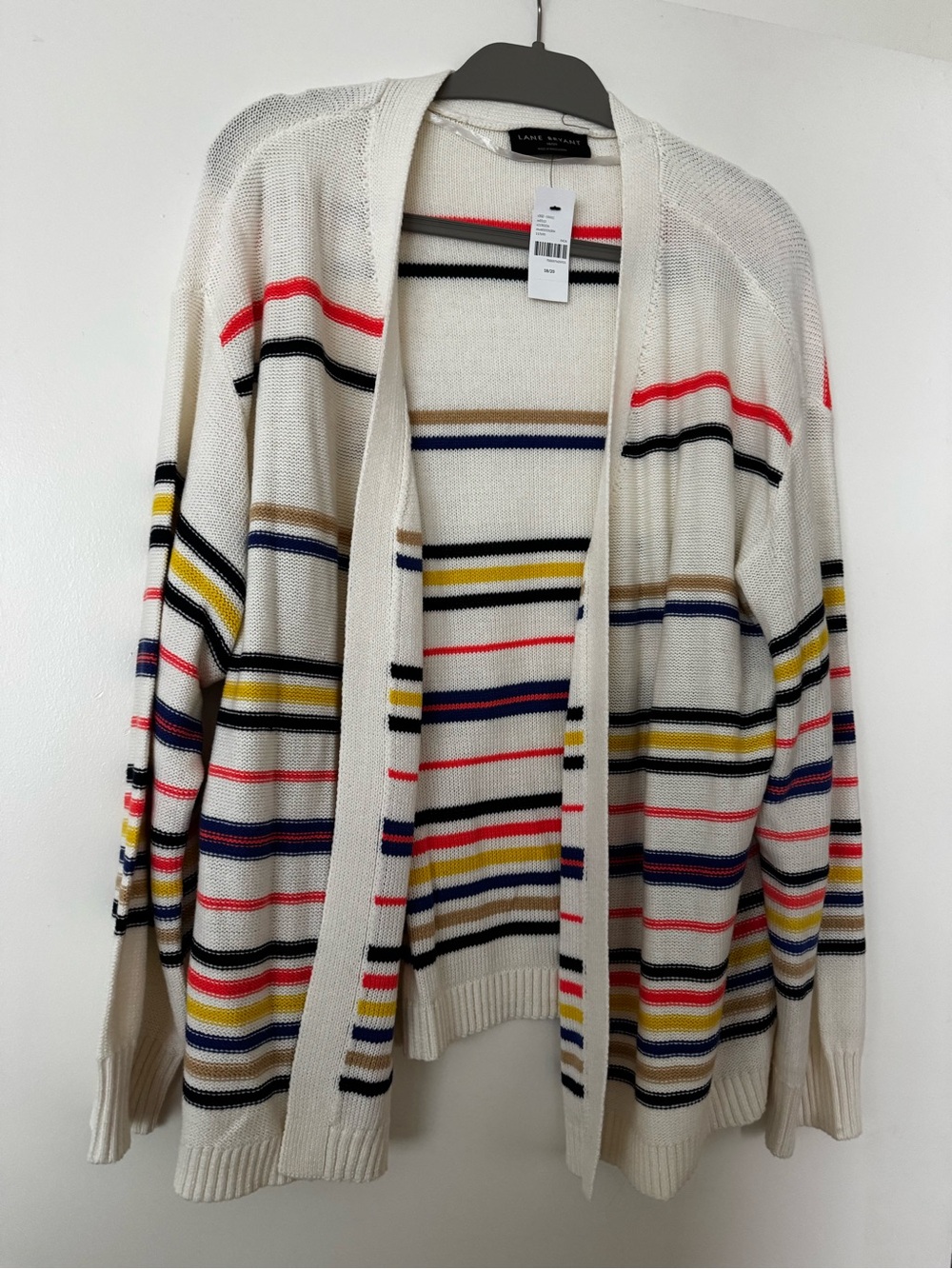 NWT Lane Bryant Cream Striped Open Cardigan with Red, Navy & Yellow Accents